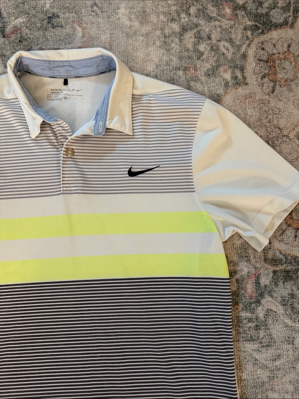 Nike White Polo with Neon Yellow & Gray Stripes